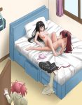  absurdres akemi_homura bed black_hair blush bra breasts caught closed_eyes e50gun hair_ornament hair_ribbon hairband highres kaname_madoka mahou_shoujo_madoka_magica mitakihara_school_uniform multiple_girls nipples nude panties pink_bra pink_hair ponytail purple_eyes red_hair ribbon sakura_kyouko school_uniform skirt small_breasts tribadism underwear walk-in white_panties window yuri 