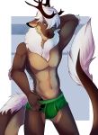  anthro antlers blue_eyes briefs bulge cervine clothed clothing hand_on_neck horn long_tail male mammal naughty_face navel pose reindeer shariea smile smirk solo standing topless underwear underwear_pull 