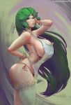  apron arched_back arm_up artist_name ass bare_shoulders bracelet breasts commentary cutesexyrobutts green_eyes green_hairband hairband highres huge_breasts jewelry kid_icarus kid_icarus_uprising light_smile long_hair looking_at_viewer nearly_naked_apron palutena panties parted_lips red_panties side-tie_panties sideboob signature single_thighhigh thick_thighs thighhighs thighs underwear very_long_hair white_legwear 