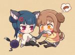  anger_vein animal_ears beige_background bell biting black_footwear black_legwear blue_collar blue_hair blush_stickers bow bowtie brown_hair cat_ears cat_tail chibi commentary_request dodapan dog_ears dog_tail feathers food grey_skirt imagining jingle_bell kemonomimi_mode korean_commentary kunikida_hanamaru long_sleeves looking_at_another love_live! love_live!_sunshine!! multiple_girls pantyhose purple_eyes red_collar saliva sausage school_uniform serafuku shoes side_bun sitting skirt tail tail_biting thick_eyebrows thighhighs tsushima_yoshiko uranohoshi_school_uniform yarn yarn_ball yellow_cardigan yellow_eyes yellow_neckwear 