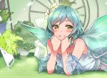  aqua_hair bang_dream! blush chin_rest clenched_hands commentary_request detached_sleeves deyuuku dress eyebrows_visible_through_hair fairy_wings flower green_eyes grin hair_flower hair_ornament hikawa_hina lying on_stomach photo-referenced plant potted_plant short_hair side_braids smile solo white_flower wings 
