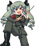  1girl anchovy anzio_military_uniform armband belt boots bow brown_eyes commentary drill_hair fang girls_und_panzer green_hair hair_bow highres holding korean_commentary leg_up lkll military military_uniform open_mouth riding_crop solo twin_drills uniform white_background 