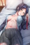  absurdres bangs blue_hair blue_jacket blue_shirt blush breasts collarbone dress_shirt grey_skirt hayami_kanade highres idolmaster idolmaster_cinderella_girls jacket large_breasts looking_at_viewer lying navel necktie necktie_removed no_bra on_back on_bed open_clothes open_jacket open_mouth open_shirt parted_bangs pleated_skirt red_neckwear sakiryo_kanna shirt short_hair skirt solo yellow_eyes 