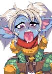  blue_skin blush fangs fluffy_ears from_above gloves league_of_legends long_hair long_sleeves open_mouth pants pointy_ears poppy purple_eyes scarf silver_hair simple_background solo squatting sweat tongue tongue_out twintails upper_teeth white_background yordle zei-minarai 