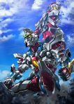  blue_sky building clenched_hands cloud commentary denkou_choujin_gridman dust_cloud from_below giant glowing glowing_eyes gridman_(character) gridman_(ssss) highres looking_back paintedmike ruins sky squatting ssss.gridman yellow_eyes 
