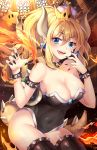  armlet artist_name bangs bare_shoulders black_collar black_legwear black_leotard blonde_hair blue_eyes blush bowsette bracelet breasts cleavage collar collarbone commentary covered_navel crown earrings eyebrows_visible_through_hair fangs fingernails hair_between_eyes hands_up head_tilt high_ponytail highres jewelry large_breasts leotard long_hair looking_at_viewer mario_(series) mini_crown new_super_mario_bros._u_deluxe parted_lips pointy_ears ponytail solo spiked_armlet spiked_bracelet spiked_collar spiked_tail spikes squchan star starman_(mario) strapless strapless_leotard super_crown symbol_commentary tail thighhighs tongue tongue_out watermark web_address 