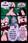  2018 4_fingers angry anthro black_nose black_stripes brown_nose canine comic dialogue digital_media_(artwork) dog duo english_text evil_grin female fur green_eyes grey_fur guard hair hi_res hybrid larger_male laugh male mammal nasty-pink open_mouth pink_fur pink_tail procyonid raccoon red_eyes scarf simple_background size_difference sleeping smaller_female smile speech_bubble striped_tail stripes tanookin tanuki teeth text tongue weapon wolf 