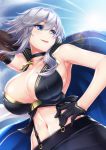  armpits azur_lane bangs black_gloves blue_eyes breasts bursting_breasts cape choker cleavage commentary_request cross cross_necklace eyebrows_visible_through_hair gloves hair_between_eyes jacket_on_shoulders jewelry ken_ill large_breasts mole mole_on_breast navel necklace no_bra short_hair silver_hair skirt solo washington_(azur_lane) 