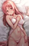  abe_nana babydoll bangs bare_shoulders blush breasts brown_eyes collarbone hand_on_own_chest highres hips idolmaster idolmaster_cinderella_girls large_breasts long_hair looking_at_viewer lying navel on_back on_bed orange_hair out_of_frame panties pink_panties pov pov_hands sakiryo_kanna shiny shiny_skin sweat underwear underwear_only 