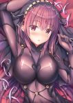  arm_up bangs blush bodysuit breasts commentary_request eyebrows_visible_through_hair fate/grand_order fate_(series) hair_between_eyes hand_up head_tilt highres large_breasts lying on_back parted_lips purple_bodysuit red_eyes red_hair scathach_(fate)_(all) scathach_(fate/grand_order) solo star upper_body veil yuriko 