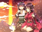  architecture black_hair east_asian_architecture eyepatch eyepatch_removed fate/grand_order fate_(series) heterochromia katou_danzou_(fate/grand_order) low_twintails mochizuki_chiyome_(fate/grand_order) multiple_girls on_roof petals purple_eyes red_eyes sakura_tsubame sitting smile sunset twintails yellow_eyes 