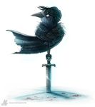  anthro avian beak bird black_feathers black_hair blood cape clothing corvid crow cryptid-creations empty_eyes feathers game_of_thrones hair humor jon_snow male melee_weapon pun simple_background solo sword visual_pun weapon white_background white_eyes 