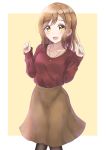  :d bangs beige_background black_legwear blush breasts brown_hair brown_skirt brown_sweater collarbone commentary_request eyebrows_visible_through_hair hair_ornament hairclip hands_up highres kunikida_hanamaru long_hair long_sleeves love_live! love_live!_sunshine!! open_mouth pantyhose sin_(sin52y) skirt sleeves_past_wrists small_breasts smile solo sweater two-tone_background white_background yellow_eyes 