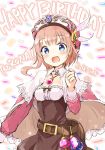  :d absurdres atelier_(series) atelier_rorona belt blue_eyes blush brown_dress brown_hair capelet character_name confetti dated dress happy_birthday hat highres jewelry looking_at_viewer minidraco necklace open_mouth rororina_fryxell short_hair simple_background smile solo upper_body white_background 