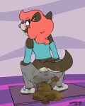  anthro biped canine clothed clothing crouching feces female fully_clothed fur hair male mammal pooping scat shirt signature simple_background soiling torn_clothing wolf yoga_pants zabi_(zabish) zadirtybish 