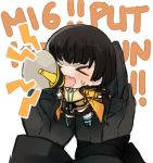  &gt;_&lt; angry black_hair chibi closed_eyes commentary_request english girls_frontline gloves m16a1_(girls_frontline) megaphone multiple_girls ro635_(girls_frontline) shouting u_nagidon 