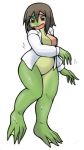  4_toes amphibian bottomless breasts brown_hair clothed clothing featureless_breasts female frog green_skin hair hikagenootimsya human_to_anthro lab_coat multicolored_skin nude semi_nude simple_background slimy solo tears toes transformation two_tone_skin worried yellow_eyes 