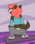  anthro biped canine clothed clothing crouching feces female fully_clothed fur hair mammal pooping scat shirt signature simple_background soiling wolf yoga_pants zabi_(zabish) zadirtybish 