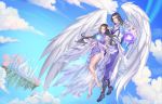  1girl absurdres angel_wings architecture black_eyes black_footwear black_hair blue_sky china_dress chinese_clothes closed_eyes cloud commentary_request day dress floating floating_island guozi_li hair_ornament high_heels highres long_hair magic midair novoland outdoors purple_dress see-through sky water waterfall white_wings wings 