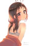  alternate_hairstyle antenna_hair bra brown_eyes brown_hair commentary_request dated from_behind hair_down kantai_collection koruri looking_at_viewer looking_back naka_(kantai_collection) orange_shirt shirt simple_background solo twitter_username underwear white_background white_bra 