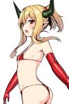  :o ass bikini blonde_hair blush brave_girl_ravens elbow_gloves flat_chest gloves horns horosuke_(toot08) looking_at_viewer pointy_ears ponytail red_bikini red_eyes red_gloves short_ponytail sidelocks simple_background solo standing swimsuit upper_body white_background 