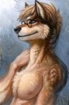  2018 anthro black_nose brown_fur canine eyewear fur glasses green_eyes hibbary mammal nipples simple_background smile solo wolf 