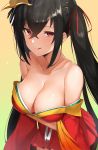  azur_lane bangs bare_shoulders black_hair blush breast_hold breasts cleavage closed_mouth collarbone crossed_bangs gradient gradient_background hair_between_eyes hair_ribbon highres japanese_clothes kimono large_breasts licking_lips long_hair looking_at_viewer mask mask_on_head nnoelllll off_shoulder red_eyes red_kimono red_ribbon ribbon smile solo taihou_(azur_lane) tied_hair tongue tongue_out twintails very_long_hair wide_sleeves yellow_background 