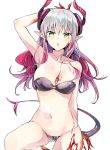  absurdres armpits ass_visible_through_thighs asymmetrical_horns bangs bare_arms bare_shoulders black_bra black_choker black_panties blood bra breasts carmilla_(fate/grand_order) choker collarbone commentary_request curled_horns dragon_girl dragon_horns dragon_tail elizabeth_bathory_(fate) elizabeth_bathory_(fate)_(all) eyebrows_visible_through_hair fate/extra fate/extra_ccc fate/grand_order fate_(series) gradient_hair green_eyes hair_between_eyes highres horns long_hair looking_at_viewer medium_breasts multicolored_hair navel panties parted_lips pink_hair pointy_ears silver_hair simple_background solo tail tomozero transformation underwear underwear_only white_background 