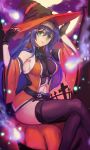  ahoge bare_shoulders blue_hair breasts detached_sleeves fingerless_gloves fire_emblem fire_emblem:_souen_no_kiseki fire_emblem_heroes gloves green_eyes hairband halloween hat headband kokouno_oyazi long_hair looking_at_viewer purple_hair simple_background smile solo thighhighs wayu_(fire_emblem) white_hairband witch witch_hat 