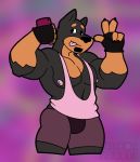  2018 3d_(artwork) anthro bob_miller_(v--r) canine claws clothing digital_media_(artwork) doberman dog facial_hair fingerless_gloves fur gloves goatee looking_at_viewer male mammal muscular muscular_male nipples pecs phone selfie shirt shorts solo spandex tank_top thick_thighs tight_clothing tongue v--r 