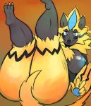 2018 3_toes anthro areola big_breasts big_butt biped blue_eyes blue_fur blush breasts butt claws erect_nipples fangs feline female fur half-closed_eyes kyaramerucocoa legendary_pok&eacute;mon looking_at_viewer mammal nintendo nipples nude pok&eacute;mon pok&eacute;mon_(species) pok&eacute;morph raised_leg sharp_teeth smile solo teeth thick_thighs toe_claws toes v_sign video_games voluptuous wide_hips yellow_fur zeraora 