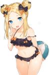  :d abigail_williams_(fate/grand_order) bad_id bad_pixiv_id ball bare_arms bare_shoulders beachball bikini black_bikini black_bow blonde_hair blue_eyes blush bow breasts collarbone commentary_request double_bun emerald_float eyebrows_visible_through_hair fate/grand_order fate_(series) forehead groin hair_bow highres index_finger_raised leaning_forward long_hair looking_at_viewer navel open_mouth orange_bow rikoma round_teeth side_bun sidelocks simple_background small_breasts smile solo swimsuit teeth thigh_gap upper_teeth white_background 