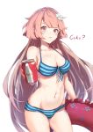  bare_arms bare_shoulders bikini blue_bikini blush breasts brown_hair can cleavage coca-cola coke commentary_request cowboy_shot flower front-tie_bikini front-tie_top girls_frontline hair_flower hair_ornament holding holding_can innertube long_hair looking_at_viewer medium_breasts navel ntw-20_(girls_frontline) parted_lips red_eyes red_innertube simple_background soda soda_can solo standing striped striped_bikini swimsuit toki_(yoyobozi) very_long_hair white_background white_flower 