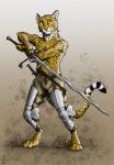  0laffson 2018 4_toes anthro barefoot cheetah digital_media_(artwork) digitigrade feline flamberge fur holding_object holding_weapon male mammal melee_weapon scar simple_background solo spots spotted_fur standing sword toes weapon yellow_eyes yellow_fur 