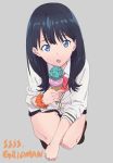  bangs black_hair blue_eyes cardigan commentary_request copyright_name double_scoop food grey_background holding holding_food ice_cream ice_cream_cone kengo long_hair long_sleeves looking_at_viewer open_mouth pleated_skirt school_uniform scrunchie shoes skirt solo squatting ssss.gridman takarada_rikka tongue tongue_out wrist_scrunchie 