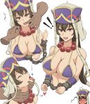  1girl bangs bare_shoulders bead_necklace beads bikini bikini_top blush bound breasts brown_hair chain cleavage collarbone commentary_request cuffs detached_sleeves disembodied_limb earrings fate/grand_order fate_(series) finger_in_mouth full-face_blush hair_between_eyes hat heart highres hoop_earrings jewelry large_breasts long_hair looking_at_viewer multiple_views necklace open_mouth pill prayer_beads purple_bikini purple_eyes shackles simple_background solo_focus swimsuit thought_bubble tongue tongue_out verseir_001 white_background xuanzang_(fate/grand_order) 