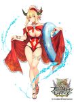  bangs blonde_hair blush brave_girl_ravens breasts cleavage company_name copyright_name dahlia_(brave_girl_ravens) full_body gem hair_up horns horosuke_(toot08) innertube jewelry large_breasts looking_at_viewer navel necklace official_art parted_bangs pointy_ears red_eyes red_swimsuit sandals solo swimsuit thighs water watermark 