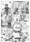  armor bangs bare_shoulders black_nails blush bowsette bracelet cheek_pinching collar comic commentary crown dress drooling english english_commentary greyscale hair_between_eyes highres jewelry left-to-right_manga mario_(series) md5_mismatch monochrome nail_polish new_super_mario_bros._u_deluxe pencils_(artist) pinching shaded_face sharp_teeth sparkle spiked_armlet spiked_collar spiked_shell spikes strapless super_crown tail teeth turtle_shell 