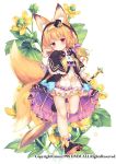  animal_ears bare_legs blonde_hair bow capelet commentary_request dmm dress expressionless floral_background flower flower_knight_girl fox_ears fox_tail frilled_capelet frilled_dress frills full_body hair_ribbon hairband hat holding hood kitsune_no_botan_(flower_knight_girl) long_sleeves low_twintails mini_hat mini_top_hat morinaga_kobato multiple_tails object_namesake official_art paw_print paw_shoes ranunculus red_eyes ribbon shoe_soles shoes sword tail top_hat twintails two_tails vest weapon yellow_flower 