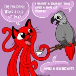  avian beverage bird black_eyes cat cephalopod cup feathers feline fur green_eyes grey_feathers kirawra mammal marine octocat octocat_adventure octopus parrot red_feathers red_fur sparky_the_parrot stick swearing_parrot_total_nutter_sparky tea youtube 