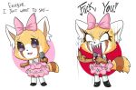  2018 aggressive_retsuko anthro black_eyeliner black_nose clothed clothing dialogue dress eiidolons english_text eyelashes female footwear fully_clothed hair_bow hair_ribbon holding_microphone holding_object legwear looking_at_viewer mammal microphone middle_finger open_mouth profanity red_panda retsuko ribbons sanrio screaming sharp_teeth shoes smile socks solo standing tears teeth text 