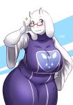  2018 anthro big_breasts blue_eyes blush boss_monster breasts caprine clothed clothing digital_media_(artwork) eyewear fangs female fully_clothed glasses goat horn long_ears looking_at_viewer mammal mature_female ocaritna signature solo thick_thighs toriel undertale video_games 