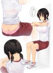  against_wall ass black_hair bra breasts butt_crack crossed_arms gym_uniform highres medium_breasts multiple_views nape original panties pink_bra pink_panties red_shorts see-through shirt shoes short_hair short_sleeves short_twintails shorts shorts_pull sneakers sweat takocha translated twintails underwear white_shirt yellow_eyes 