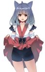  ahoge animal_ears ass_visible_through_thighs bike_shorts breasts cowboy_shot detached_sleeves frills grey_hair highres japanese_clothes lifted_by_self long_hair masao miko open_mouth original pleated_skirt red_eyes skirt skirt_lift small_breasts solo standing white_background 