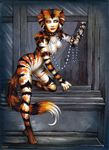  2009 barefoot candra cat cats cats_(musical) feline female green_eyes lipstick mammal necklace rumpleteazer solo stripes window 
