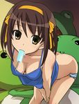  ass bent_over breasts brown_eyes brown_hair cleavage downblouse food haruyama_kazunori large_breasts popsicle ribbon sexually_suggestive short_hair solo suzumiya_haruhi suzumiya_haruhi_no_yuuutsu 
