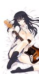  akiyama_mio bass_guitar black_hair blue_eyes blush breasts feet instrument k-on! kneehighs large_breasts long_hair lying mouth_hold nipples open_clothes open_shirt panties plectrum school_uniform shirt socks solo striped striped_panties tachibana_yuu underwear 