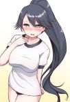  1girl black_hair blue_eyes blush breasts eyebrows_visible_through_hair hair_between_eyes houshou_(kantai_collection) kantai_collection kirigakure_(kirigakure_tantei_jimusho) large_breasts open_mouth ponytail shirt short_sleeves simple_background solo sportswear white_background white_shirt 