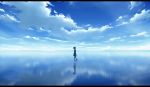  blue_sky cloud cloudy_sky commentary_request day dress fantasy highres horizon kijineko letterboxed long_hair ocean original outdoors partial_commentary reflection scenery shoes silhouette sky solo sunlight walking walking_on_liquid water wide_shot 