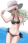  adjusting_clothes adjusting_hat alternate_hairstyle anchovy arm_behind_back artist_name bangs bikini black_bikini breasts cleavage commentary cowboy_shot dated girls_und_panzer hair_down hat long_hair looking_at_viewer matsui_yasutsugu medium_dress navel ocean open_mouth outdoors red_eyes side-tie_bikini signature smile solo standing sun_hat swimsuit thigh_gap wavy_hair white_hat window 